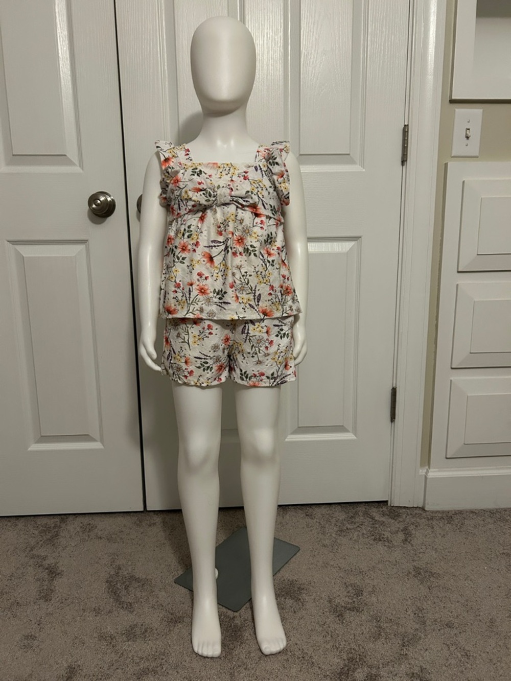 Floral Ruffle Shoulder Tank and Short Set - White Floral